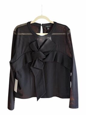 NWT CACHE Black Mesh Long Sleeve Tie Detail Top XL